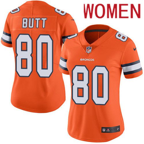 Women Denver Broncos #80 Jake Butt Orange Nike Rush Vapor Limited NFL Jersey->women nfl jersey->Women Jersey